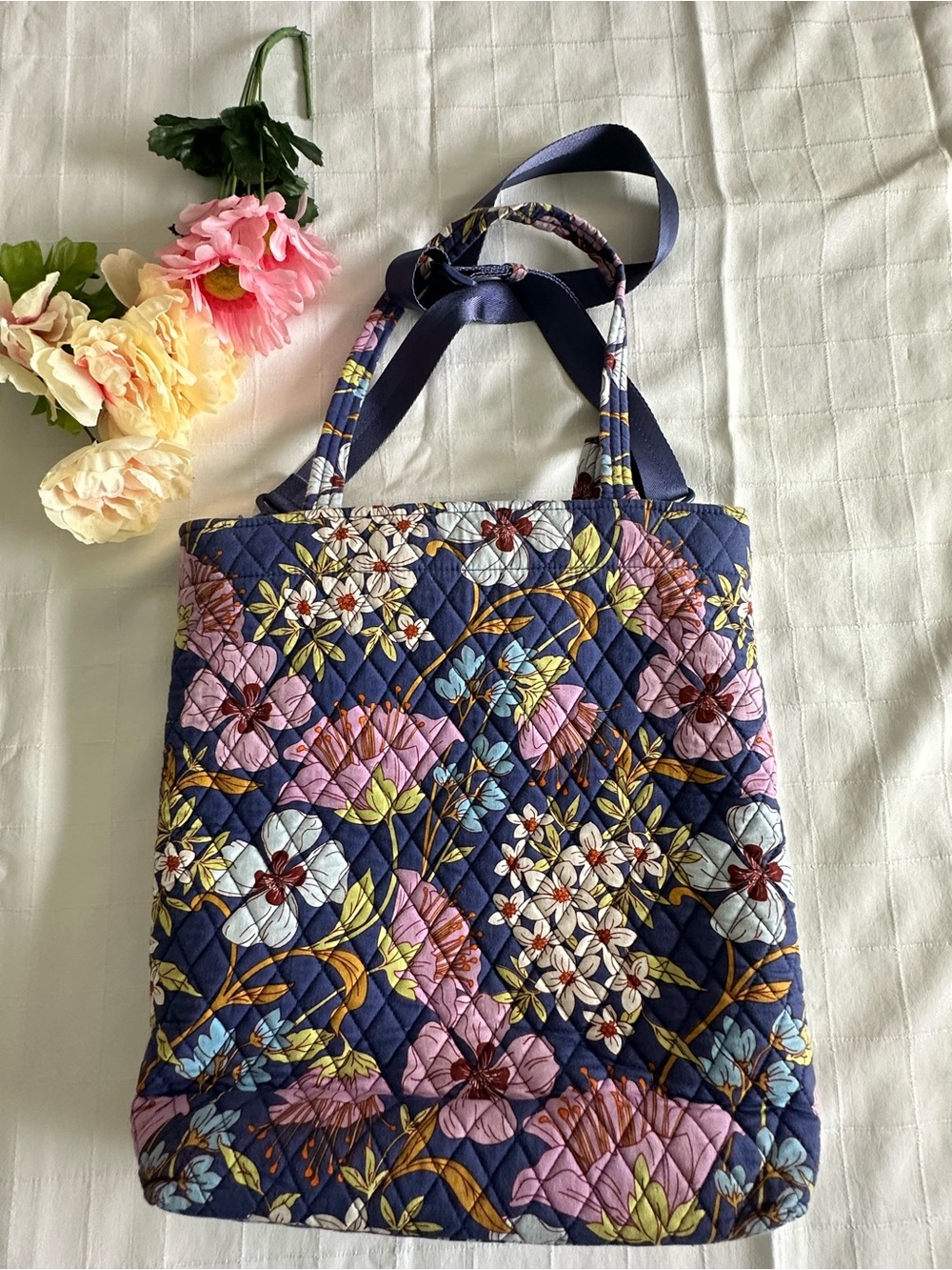 Vera Bradley Quilted Floral Tote in Navy, Pink and White - Picture 5 of 7
